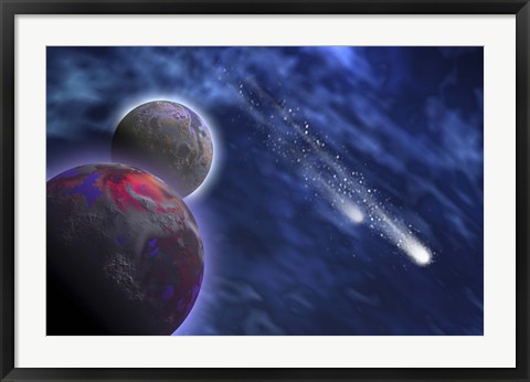 Framed Two comets stream past a planet and its moon Print