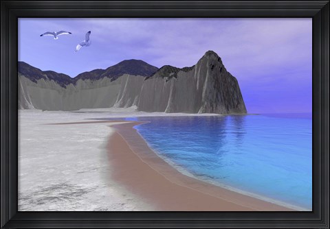 Framed Two seagulls fly over a beautiful ocean seashore Print