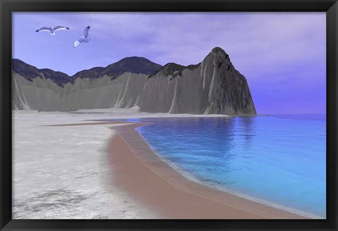Framed Two seagulls fly over a beautiful ocean seashore Print