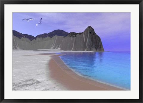 Framed Two seagulls fly over a beautiful ocean seashore Print