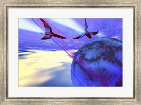 Framed Two spacecraft fly back to their home planet after a mission Print