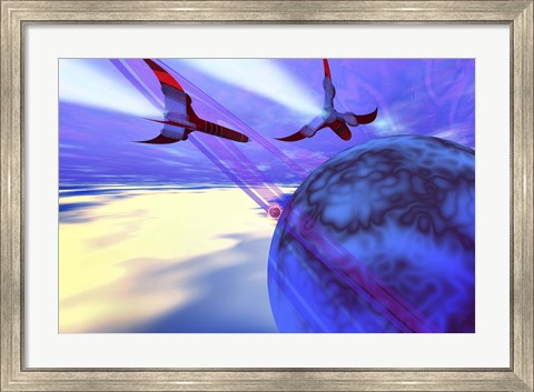 Framed Two spacecraft fly back to their home planet after a mission Print