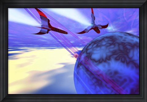 Framed Two spacecraft fly back to their home planet after a mission Print