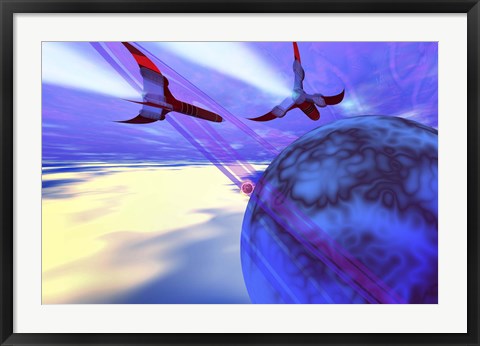 Framed Two spacecraft fly back to their home planet after a mission Print