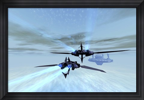 Framed Two spacecraft fly back to their space station out in the cosmos Print