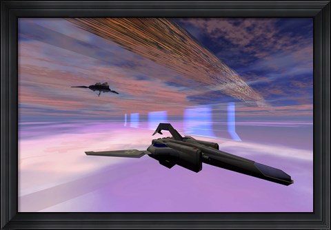 Framed Two starships warp along space enegy fields Print
