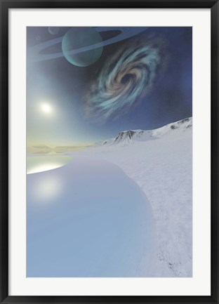 Framed Wintery seascape of an ice world Print