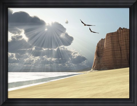 Framed Sunlight shines down on two birds flying near a cliff by the ocean Print