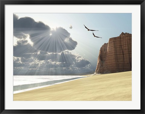 Framed Sunlight shines down on two birds flying near a cliff by the ocean Print