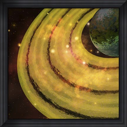 Framed golden ring system encircles this planet out in the galaxy Print