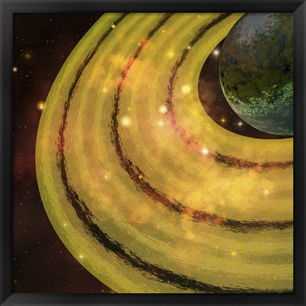 Framed golden ring system encircles this planet out in the galaxy Print