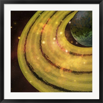 Framed golden ring system encircles this planet out in the galaxy Print