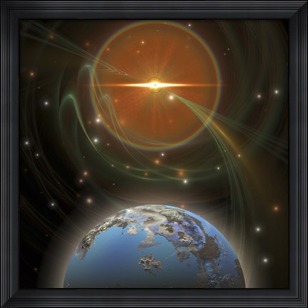 Framed huge sun emits solar flares by a nearby planet Print
