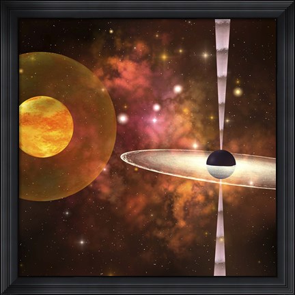 Framed huge sun encircled by an energy field orbits near a black hole in space Print
