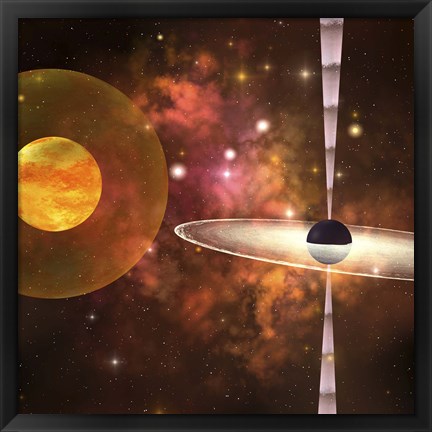 Framed huge sun encircled by an energy field orbits near a black hole in space Print