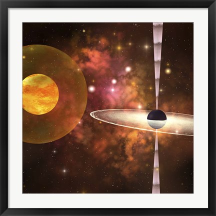 Framed huge sun encircled by an energy field orbits near a black hole in space Print