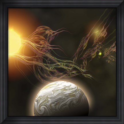 Framed huge sun radiates solar flares toward a nearby planet Print