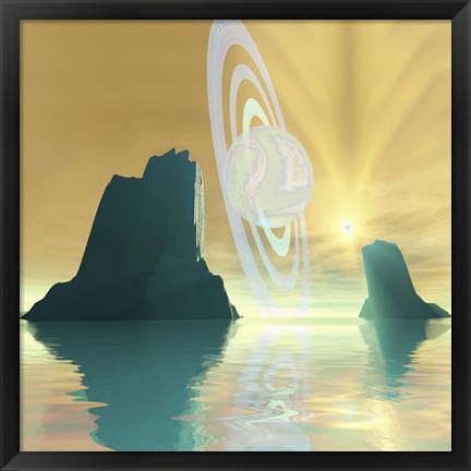 Framed striking sunburst on this cosmic seascape Print