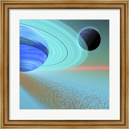 Framed asteroid field orbits near a planet and moon in the cosmos Print