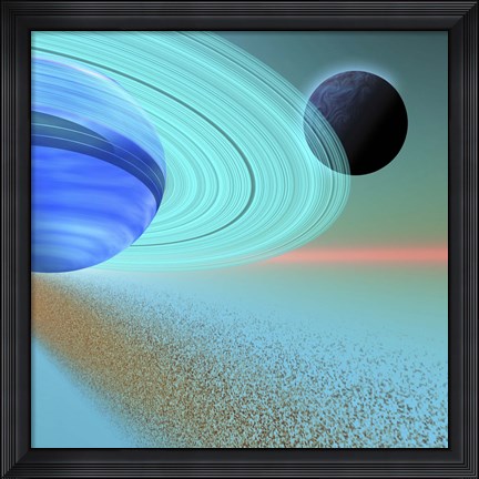 Framed asteroid field orbits near a planet and moon in the cosmos Print