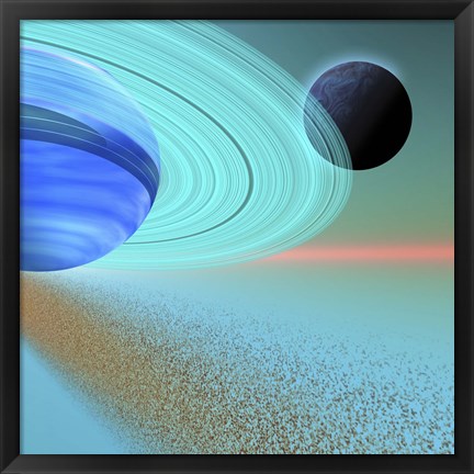 Framed asteroid field orbits near a planet and moon in the cosmos Print