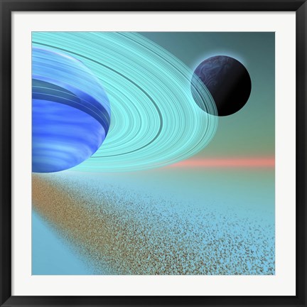 Framed asteroid field orbits near a planet and moon in the cosmos Print