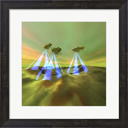 Framed Three alien spaceships steal the mineral resources on another planet Print