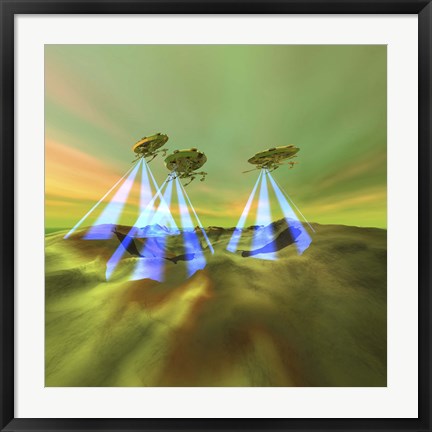 Framed Three alien spaceships steal the mineral resources on another planet Print