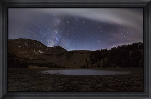 Framed Star trails and the blurred band of the Milky Way above a lake in the Eastern Sierra Nevada Print