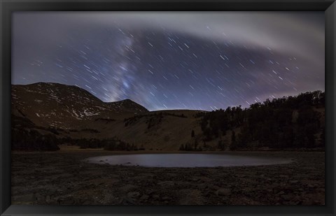 Framed Star trails and the blurred band of the Milky Way above a lake in the Eastern Sierra Nevada Print