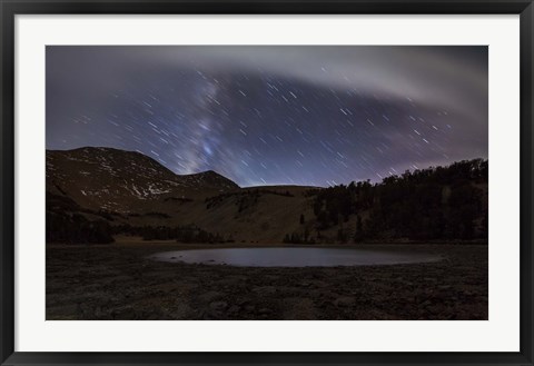 Framed Star trails and the blurred band of the Milky Way above a lake in the Eastern Sierra Nevada Print