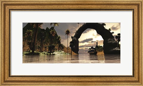 Framed ship sails under the entrance to a beautiful valley Print