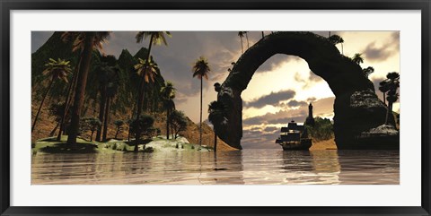 Framed ship sails under the entrance to a beautiful valley Print