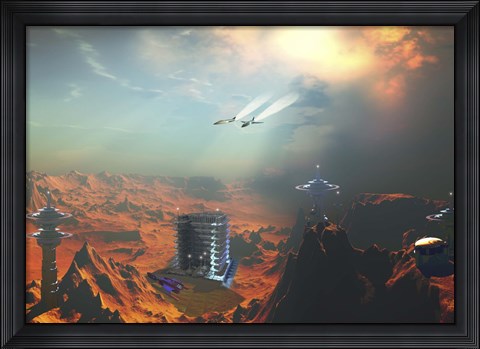Framed Two aircraft fly over an enemy base of operations Print
