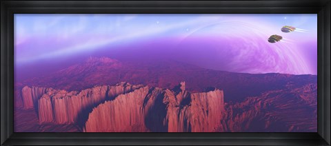Framed Two spacecraft fly over a mountain range Print