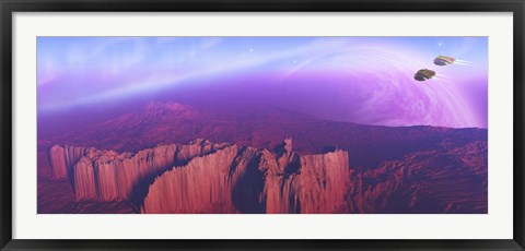 Framed Two spacecraft fly over a mountain range Print