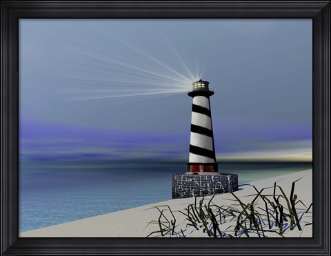 Framed lighthouse sends out a light to warn vessels Print