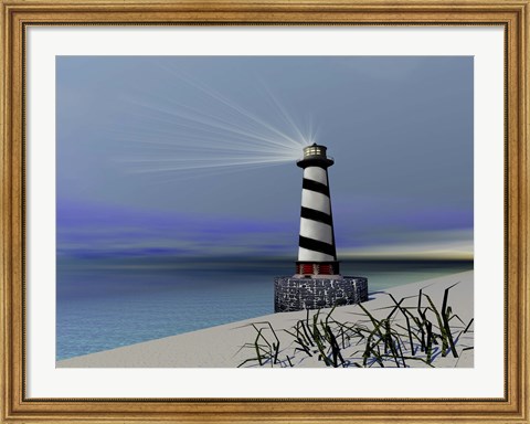 Framed lighthouse sends out a light to warn vessels Print