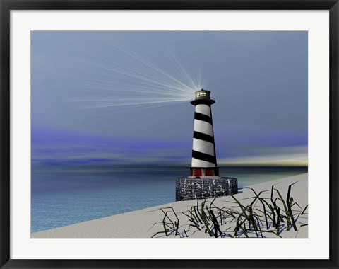 Framed lighthouse sends out a light to warn vessels Print
