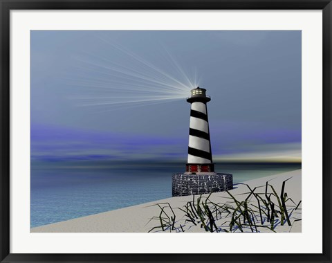 Framed lighthouse sends out a light to warn vessels Print