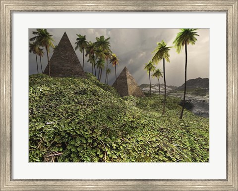 Framed Two pyramids sit majestically among the surrounding jungle Print