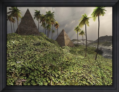 Framed Two pyramids sit majestically among the surrounding jungle Print