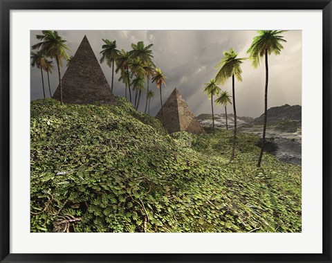 Framed Two pyramids sit majestically among the surrounding jungle Print