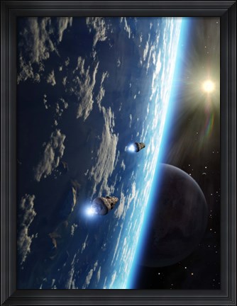Framed Two survey craft orbit a terrestrial type planet Print