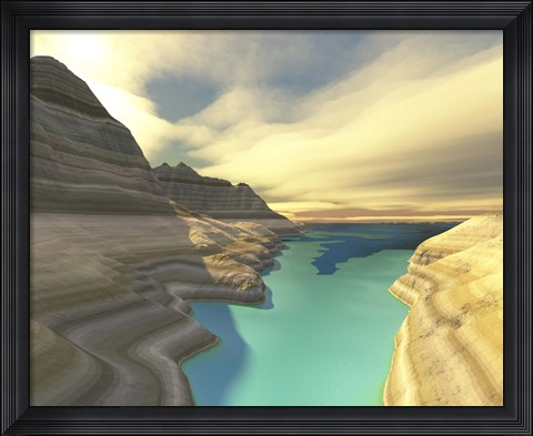 Framed blue shadow falls across the turquoise river waters of this canyon Print