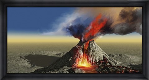 Framed active volcano belches smoke and molten red lava in an eruption Print