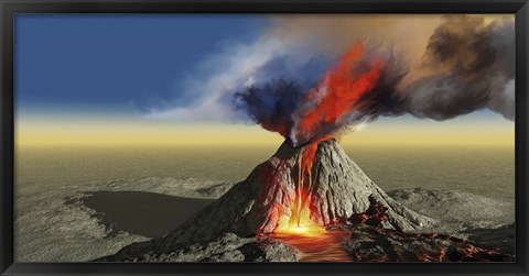 Framed active volcano belches smoke and molten red lava in an eruption Print