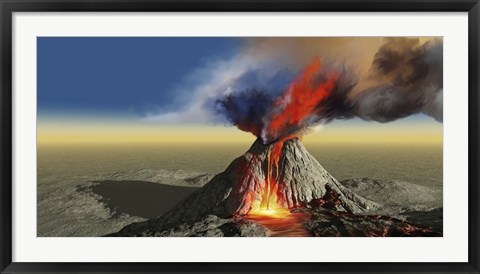 Framed active volcano belches smoke and molten red lava in an eruption Print