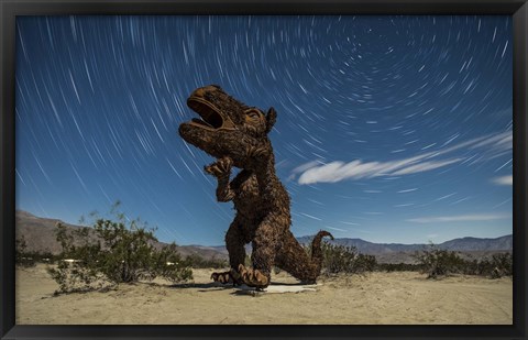 Framed Tyrannosaurus rex sculpture against a backdrop of star trails, California Print