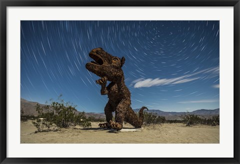 Framed Tyrannosaurus rex sculpture against a backdrop of star trails, California Print